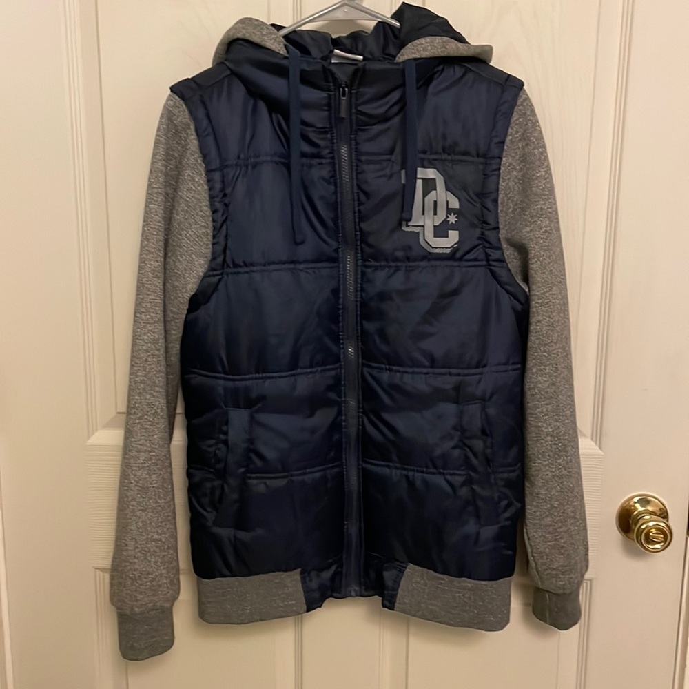 DC layered jacket hoodie navy and grey